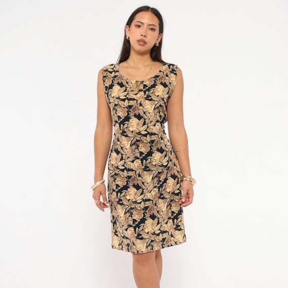 Golden Rose Print Sleeveless Dress 90s Black Tan Floral Scoop Neck A Line Knee Length Cinch Waist Tie Back Summer Tank Frock Vintage Small S