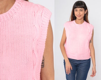 Vintage Pink Sweater Vest Top 80s Low Armhole Open Side Crop Top Cable Knit Shirt Sleeveless Slouchy Pastel 1980s Retro Medium