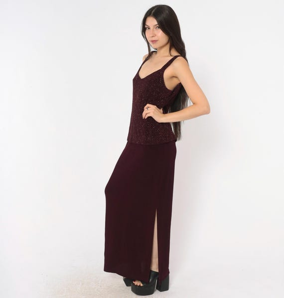 90s Glitter Dress Burgundy V Neck Sleeveless Blouson Drop Waist Side Slit Sparkle Wine Purple Evening Cocktail Party Goth Vintage Medium M