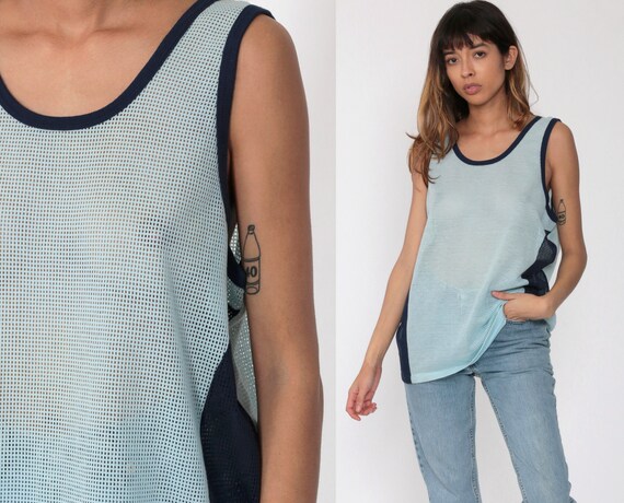 Sheer Ringer Tee Shirt Blue Mesh Tank 