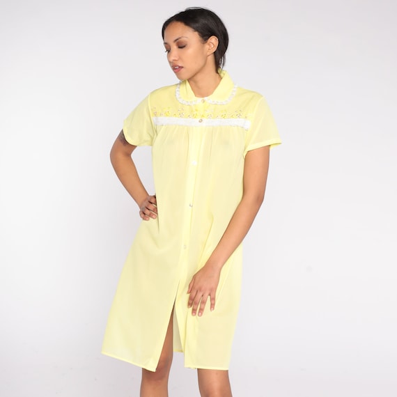 70s Lounge Dress Semi Sheer Pastel Yellow Mini Nightgown Retro Nightie Hippie Shift Boho Short Sleeve House Dress Vintage 1970s Medium M