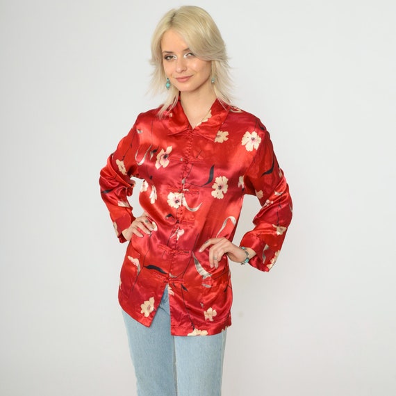 Vintage Red Floral Satin Shirt 90s Red Gradient Ombre Blouse Frog Closures Chinese Knot Design Asian Long sleeve Top Neiman Marcus Medium