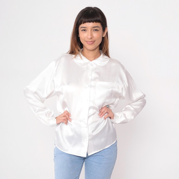 Beaded Collar Blouse 90s White Peter Pan Trim Long Sleeve Office Shirt Preppy Feminine Light Academia Romantic Cottagecore Vintage Large L