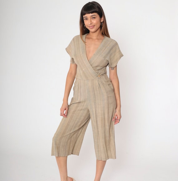 Vintage 80s Jumpsuit Taupe Striped Wrap Style with Wide Legs Cropped Capri Jumpsuit Pocket V Neck Short Sleeve Small S