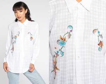 White EMBROIDERED Top Floral Blouse 80s Hippie Shirt Semi-Sheer Boho Button Up Shirt Vintage Bohemian Long Sleeve Medium