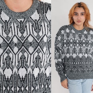 Grey Geometric Sweater 80s 90s Sweater Crewneck Acrylic Knit 1990s Statement Grunge Vintage Pullover Black White Large