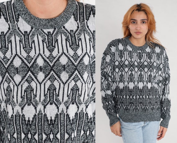 Grey Geometric Sweater 80s 90s Sweater Crewneck Acrylic Knit 1990s Statement Grunge Vintage Pullover Black White Large