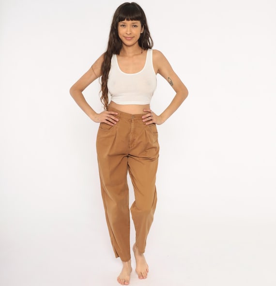 90s Pleated Trousers Mustard Cotton Pants High Waisted Tapered Leg Tan Khaki Chino Light Academia Camel Brown Straight Women Vintage Small S