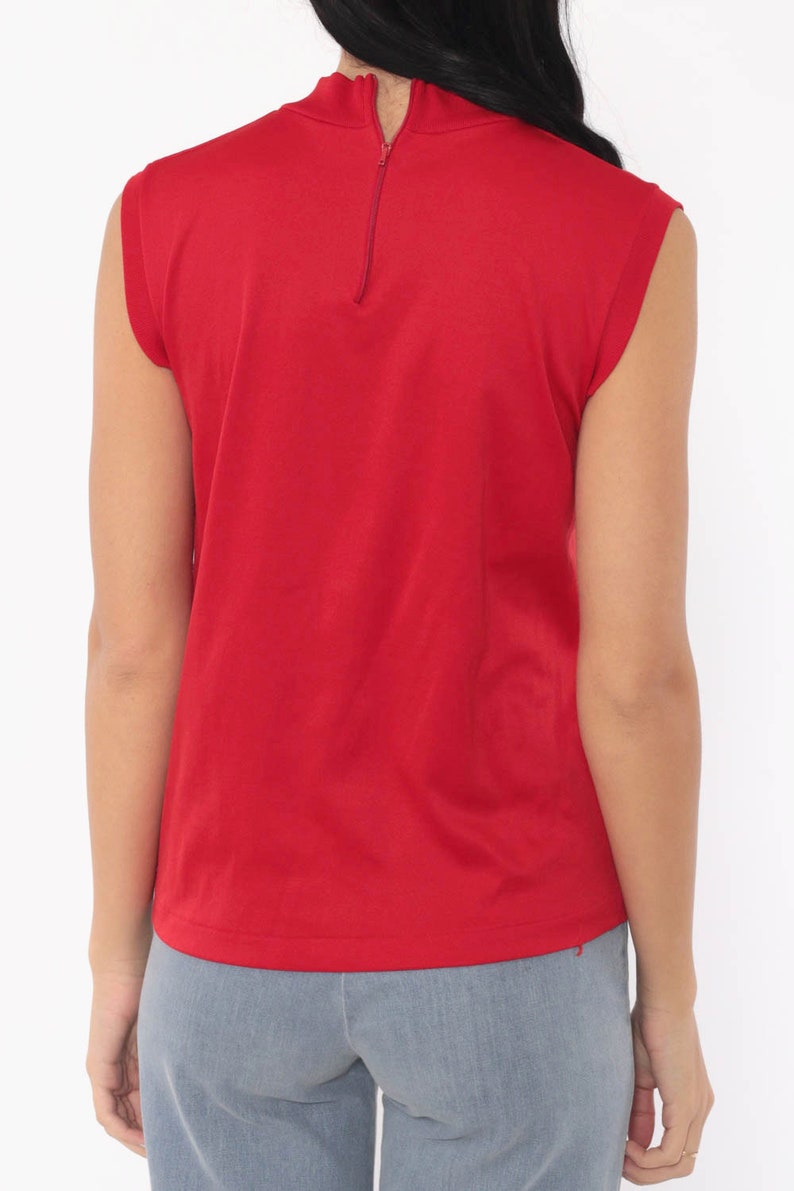 Red Tank Top 70s Sleeveless Shirt Retro High Neck Tank Top Mod Boho Blouse Vintage Plain Simple Polyester 1970s Small