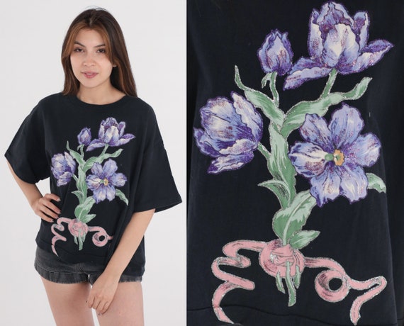 Glitter Floral Shirt 90s Sparkly T-Shirt Black Flower Bouquet Graphic Tee Short Sleeve TShirt Summer Blouse 1990s Vintage Extra Large xl