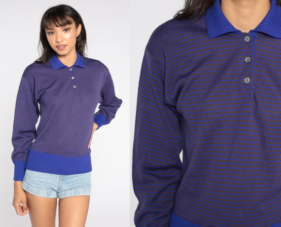 Purple Sweater Pullover Sweater Striped Sweater 80s Knit Polo Slouchy Pullover Grandpa Button Up Nerd 1980s Vintage Retro Small