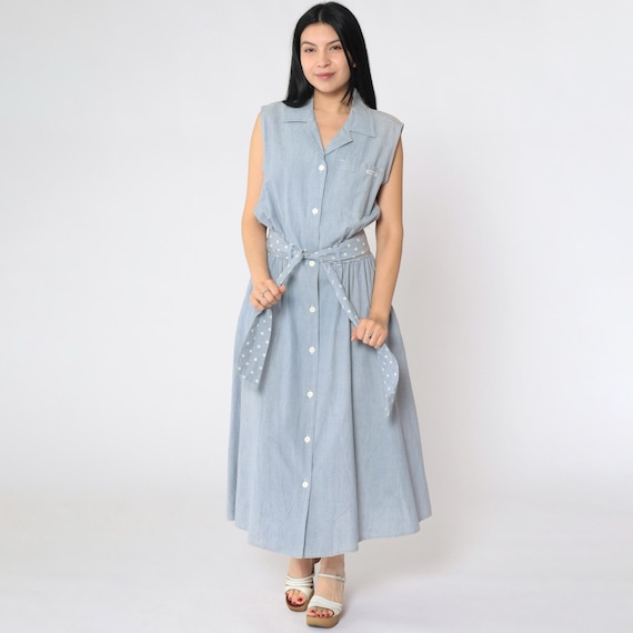 Vintage 80s Blue Chambray Dress Dreams Maxi Sleeveless Button Up Polka Dot Sash Belt Pockets Shirt Dress 1980s Retro Cotton Medium M