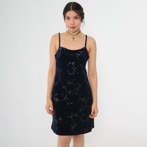 Vintage Velvet Mini Dress Y2K Sparkly Floral Spaghetti Strap Party Dress Navy Blue Sleeveless A-Line 00s Cocktail Minidress Medium Large