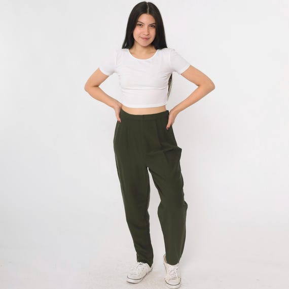 Green Wool Stirrup Trousers Vintage Y2K Tapered Leg Pants Olive High Waisted Office Work Pants Pleated Pants Small 6 28 Waist