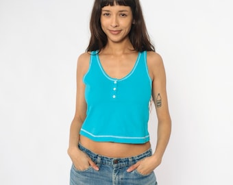 Turquoise Crop Top 90s Tank Henley Racerback Blue Cotton Fitted Baby Tee Contrast Stitch Sporty Athletic Vintage Cropped Gym Summer Small S