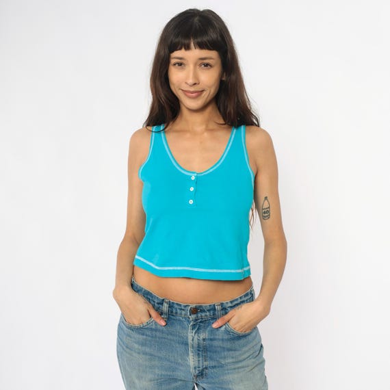 Turquoise Crop Top 90s Tank Henley Racerback Blue Cotton Fitted Baby Tee Contrast Stitch Sporty Athletic Vintage Cropped Gym Summer Small S