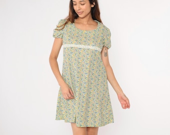 60s Floral Babydoll Dress Vintage Puff Sleeve Mod Mini Green Blue Empire Waist Dolly Gogo Ditsy Calico Flower Print 1960s Boho Medium Petite