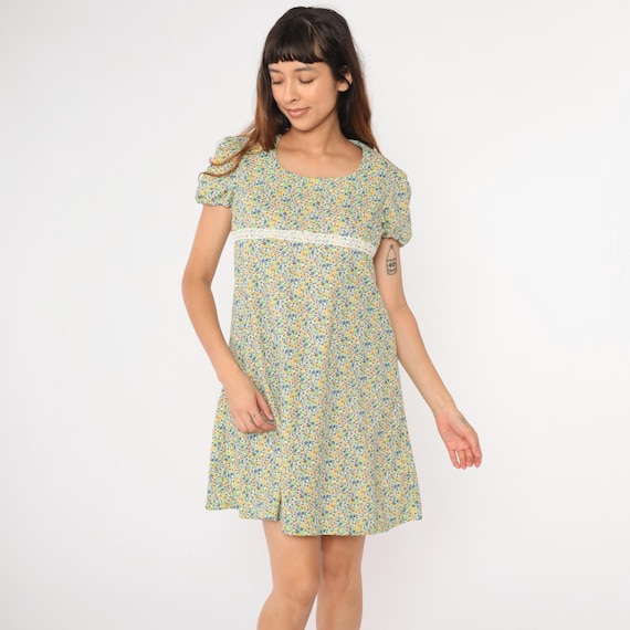 60s Floral Babydoll Dress Vintage Puff Sleeve Mod Mini Green Blue Empire Waist Dolly Gogo Ditsy Calico Flower Print 1960s Boho Medium Petite