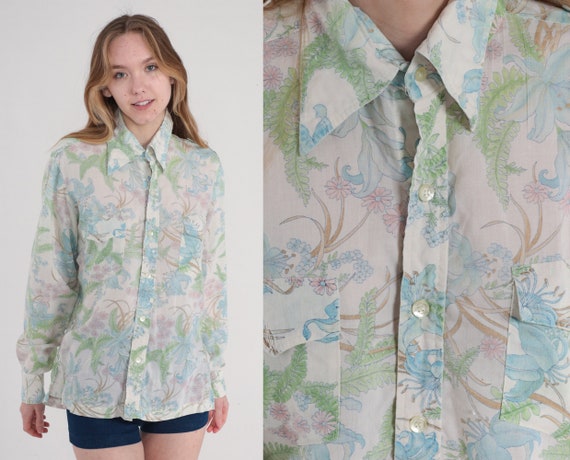 Botanical Shirt 70s Floral Button Up Shirt Fern Leaf Flower Lily Daisy Print Long Sleeve Hippie White Pink Blue Green Vintage 1970s Large L