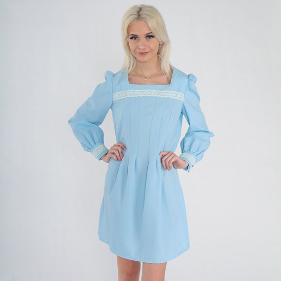 Blue Mini Dress 70s Puff Sleeve Pleated Dress Lac… - image 2