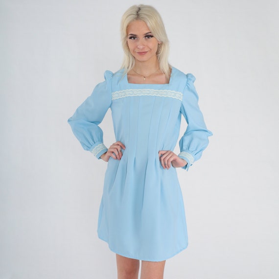 Blue Mini Dress 70s Puff Sleeve Pleated Dress Lace Trim Long Sleeve Retro A Line Seventies Minidress Simple Pastel Mod Vintage 1970s Small S