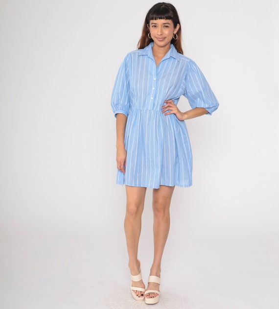 Striped Shirt Dress 80s Blue Balloon Sleeve Dress… - image 2