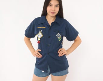 Boy Scouts Of America Uniform Shirt 90s Blue Button Front Cub Scout Bear Bobcat Badge Patch Short Sleeve Cotton Camp Top Vintage Small S