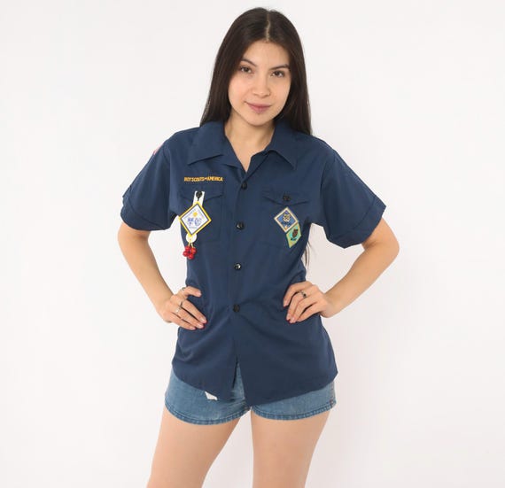 Boy Scouts Of America Uniform Shirt 90s Blue Button Front Cub Scout Bear Bobcat Badge Patch Short Sleeve Cotton Camp Top Vintage Small S