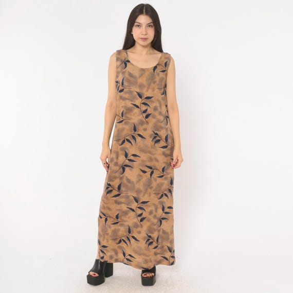 90s Leaf Print Maxi Dress Tan Navy Sleeveless Sand Botanical Vine Pattern Summer Tank Neutral Toned Camel Blue Soft Grunge Vintage Medium M