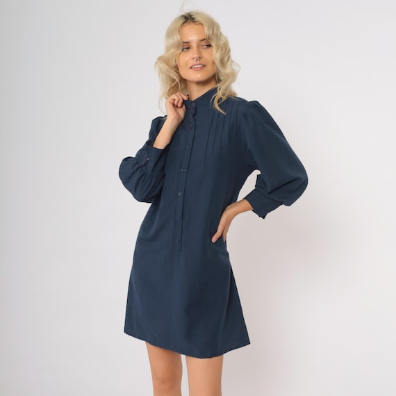 Prairie Dress 70s Navy Blue Pintuck Pleated Balloon Sleeves Button Front Mini Dress Romantic Gothic Dark Academia Victorian Medium M