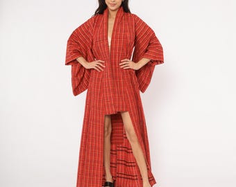 Kimono de cuadros rojos estilo años 70, bata larga de mezcla de lana, frente abierto, estilo gabardina de cuadros escarlata, bata de casa vintage de invierno, talla única