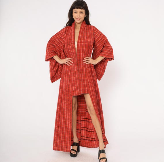 Red Plaid Kimono 70s Wool Blend Floor Length Robe Open Front Scarlet Check Duster Style Coverup Tartan Housecoat Vintage Winter One Size