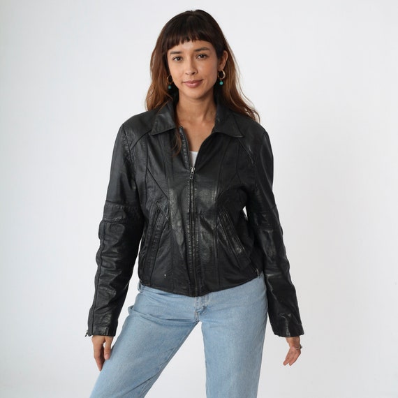 80s Leather Jacket Black Leather Moto Jacket Moto… - image 2