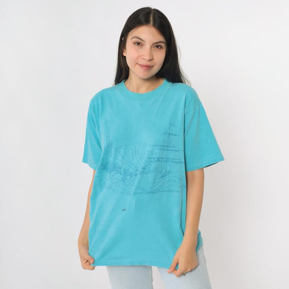 Vintage 80s Hawaii T-Shirt Row Boat Beach Print 1980s Blue Graphic Sailboat T shirt Retro Tee Tropical Distressed Sailor Tee Medium M