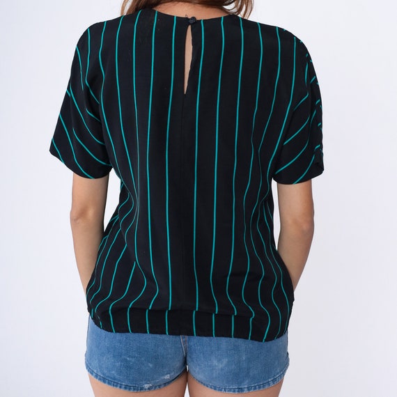 80s Top Black Striped Shirt Turquoise Blue Shirt … - image 5