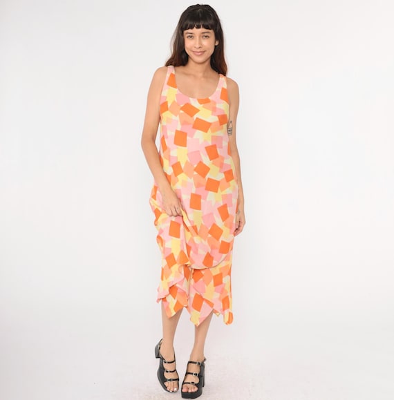 Y2K Geometric Dress Asymmetrical Hanky Hem 00s Vintage Shift Sleeveless Retro Summer Orange Pink Yellow Scoop Neck 2000s Patterned Large 12