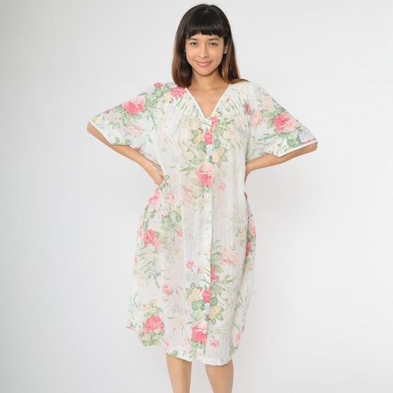 Vintage Floral Lounge Dress 80s Nightgown Pajama Dress White Snap up Nightie Midi Tent Pocket Collar 1980s Extra Large xl