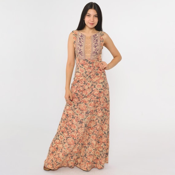 Vintage 70s Boho Maxi Dress Embroidered Bird Floral Lace Sleeveless Keyhole Plunge Neck Grey Orange Hippie Bohemian 1970s Extra Small xs