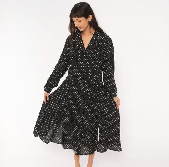 90s Polka Dot Shirt Dress Black White Button Front Midi Long Sleeve Collar V Neck Liz Claiborne Spotted Print Sheer Vintage Extra Large XL