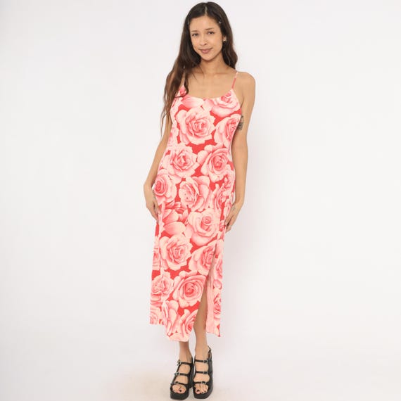 Y2K Silk Rose Print Slip Dress Neiman Marcus Pink Red Floral Midi Side Slit 90s Coquette Summer Spring Cocktail Party Gown Vintage Small S