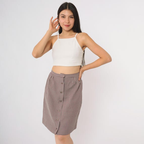70s Gingham Skirt Burgundy Vintage Button Up Mini Preppy Academic School Girl Checkered Pattern Office High Waist  Small S 2