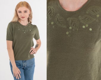 Olive Green Sweater Top 90s Leaf Print Knit Shirt Embroidered Short Sleeve Sweater Shiny Dot Print Blouse Wool Blend Vintage 1990s Small S