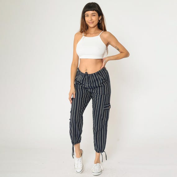 Ecuadorian Striped Pants Hippie Cropped Trousers Navy Blue Cargo Pocket Baggy Bohemian Elastic Drawstring Waist Boho Extra Small xs Petite