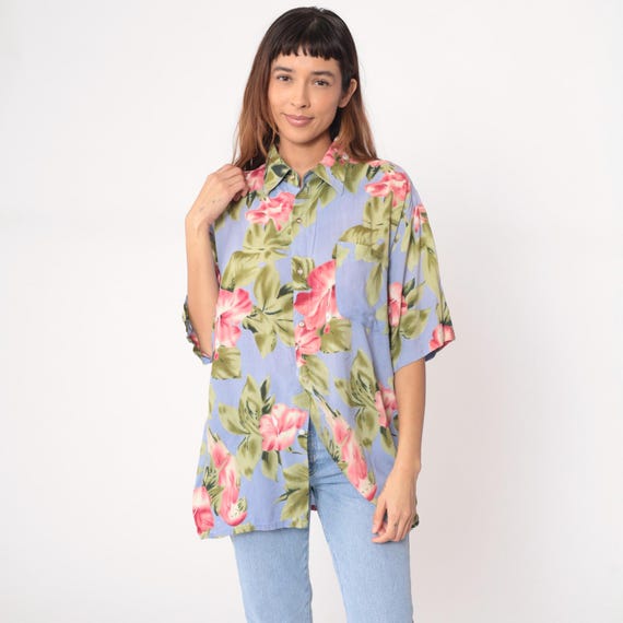 Floral Hawaiian Shirt Y2K Purple Pink Tropical Print Button Front Short Sleeve Summer Vacation Blouse Collar Vintage Resort Large L