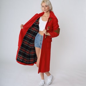 Red Hooded Coat 70s Wool Peacoat Toggle Button up Trench Pea Coat Long Jacket Warm Winter Trenchcoat Hood Elbow Patches Vintage 1970s Small image 3
