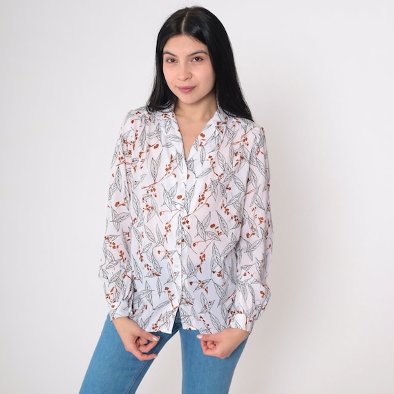 Leaf Print Blouse 80s Button up Shirt White Floral Top Long Sleeve Collared Botanical Flower Leaves Print Retro Vintage 1980s Tanjay Medium