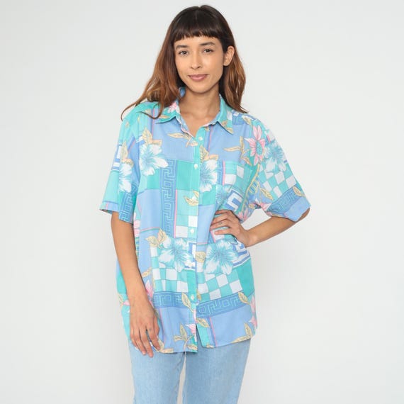 80s Tropical Shirt Blue Teal Geometric Floral Print Hawaiian Vacation Button Up Vintage Oversized Collared Short Sleeve Extra Large XL 18