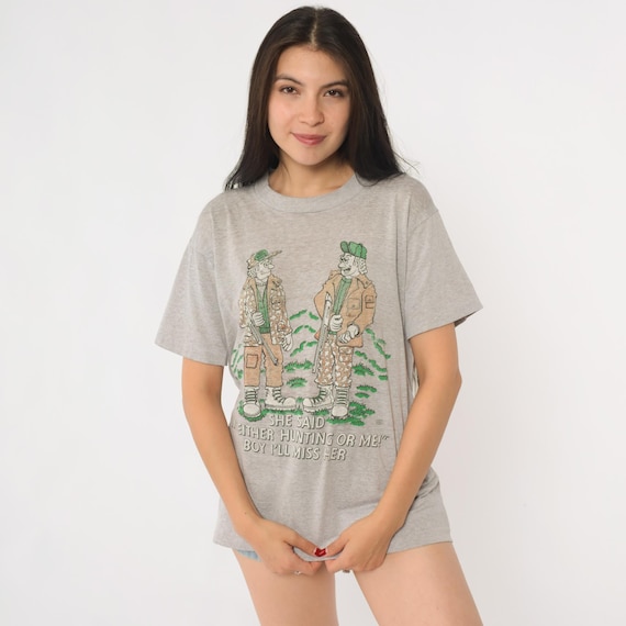 Vintage Hunting Shirt 80s Funny Cartoon Tee 1980s Gray Camo Graphic Hunter T-Shirt Thin Worn In Screen Stars USA Outdoorsman Joke Medium M