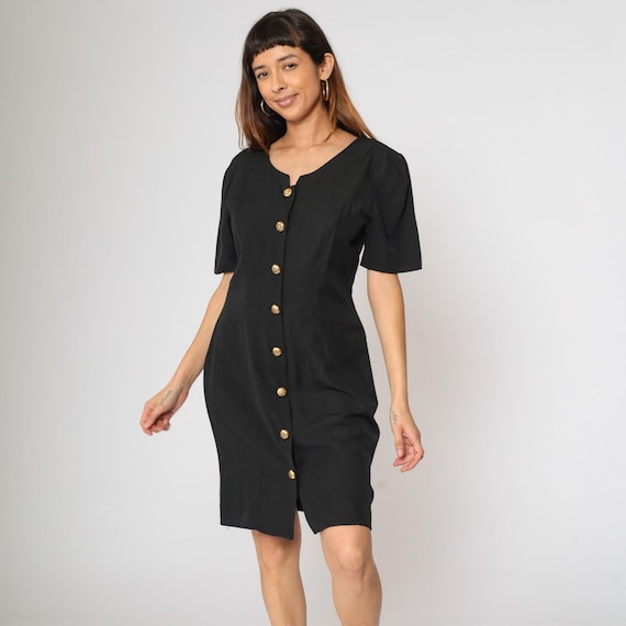 Vintage Black Button Up Dress 90s Sheath Dress Scoop Neck Mini Short Sleeve Pencil Dress Secretary Plain 1990s Knee Length Medium M