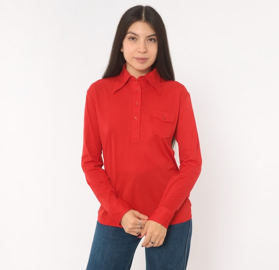 70s Red Polo Shirt Button Placket Pointed Collar Long Sleeve Chest Pocket Pullover Blouse Scarlet Cherry Preppy Collegiate Vintage Medium M